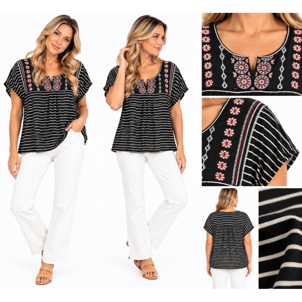 Eddie Bauer 3X Black White Striped Embroidered Boho Scoop Neck Short Sleeve Top